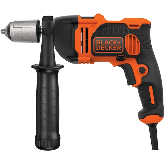A BLACK+DECKER electric drill with an ergonomic black and orange handle and a side grip for additional control, shown against a white background.