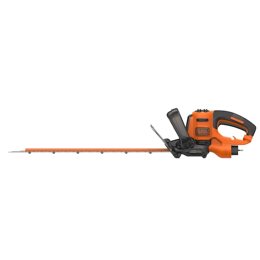 BLACKDECKER BEHTS401 hedge trimmer, orange and black, side view on white background.