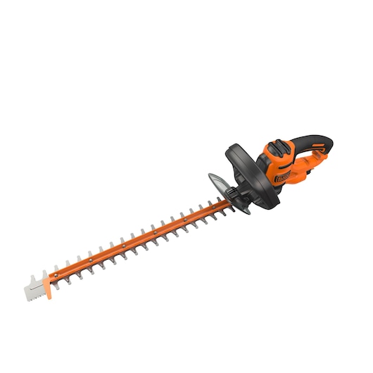 BLACKDECKER BEHTS401 orange and black hedge trimmer side angle, showing ergonomic handle and long blade.