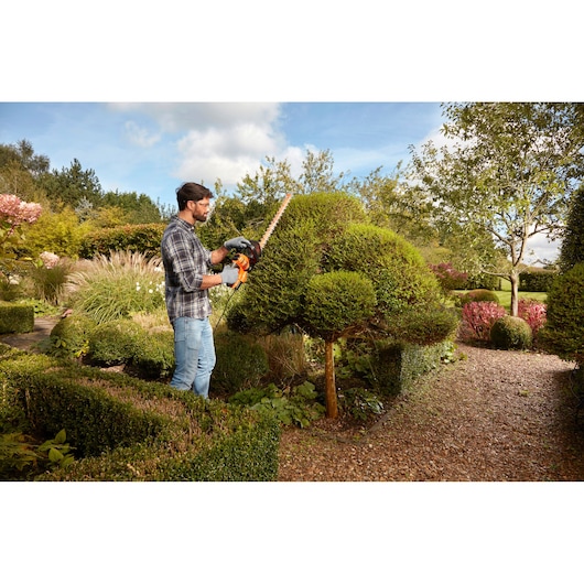 Person trimming bush with BLACKDECKER BEHTS501 hedge trimmer, wearing gloves, in a landscaped garden.