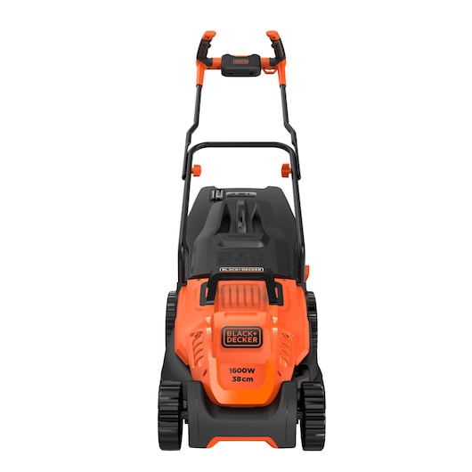 Front view of a BLACK+DECKER electric lawn mower, model BEMW471BH, with orange and black body, labeled 1600W 38cm.