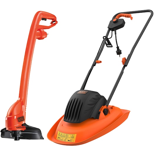 Two BLACK+DECKER gardening tools are displayed: an orange and black electric grass trimmer on the left, and an orange and black electric hover mower with a handle and safety labels on the right. Both tools are designed for lawn maintenance.
