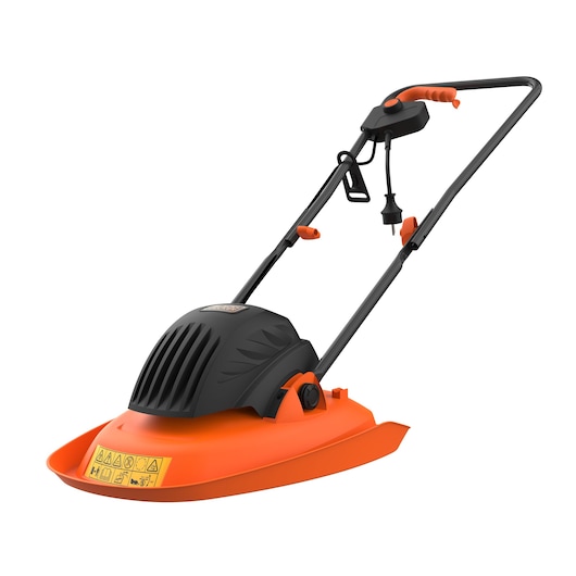BLACKDECKER BEMWH551 orange and black electric hover lawn mower, side angle on white background.