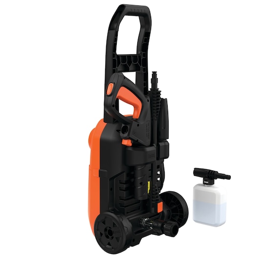 A BLACK+DECKER portable pressure washer with a handle, wheels, and an attached spray gun, shown alongside a detachable detergent bottle accessory.