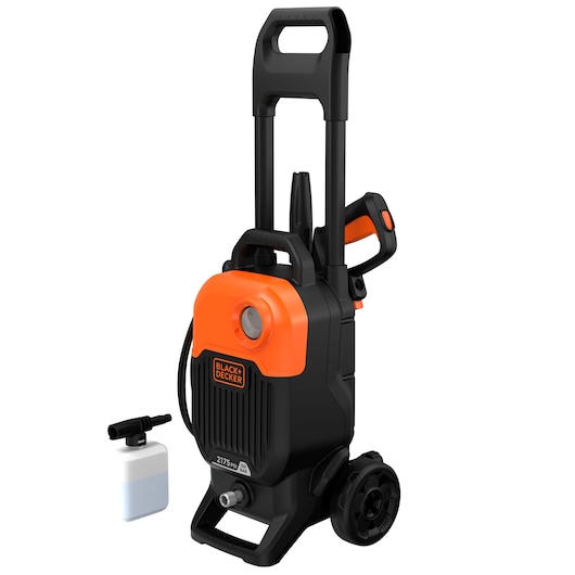 A BLACK+DECKER pressure washer model BEPW2000 in black and orange is shown. It features large wheels, a carry handle, a hose connection, and a detergent bottle attachment.