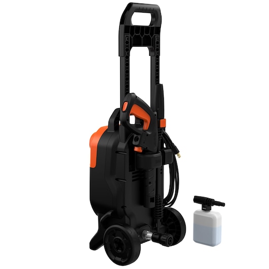 A BLACK+DECKER BEPW2000 pressure washer with two large wheels, a black and orange handle, and an accessory nozzle attached, shown alongside a small detergent container.