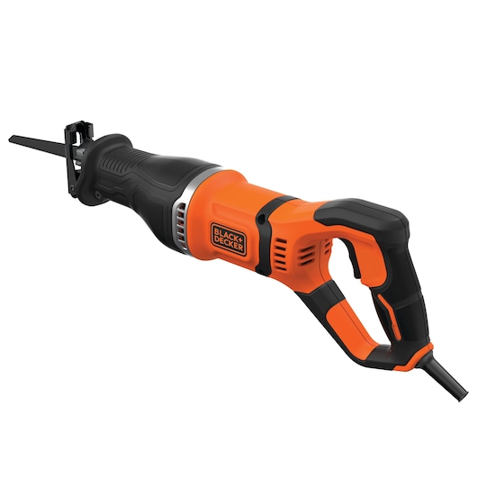 A BLACK+DECKER BES301 corded reciprocating saw with an orange and black handle and a visible metal blade.