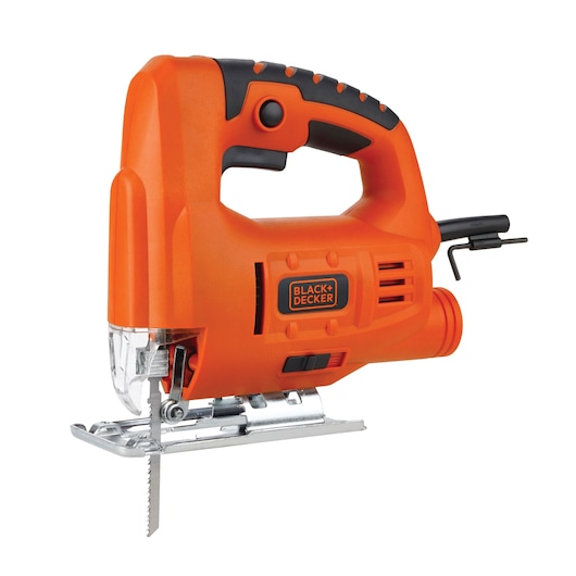 A BLACK+DECKER orange electric jigsaw with a black handle and visible metal blade, photographed against a white background.