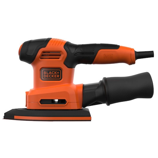 A BLACK+DECKER BEW200 electric sander in orange and black, shown in a side view with a dust collection attachment.