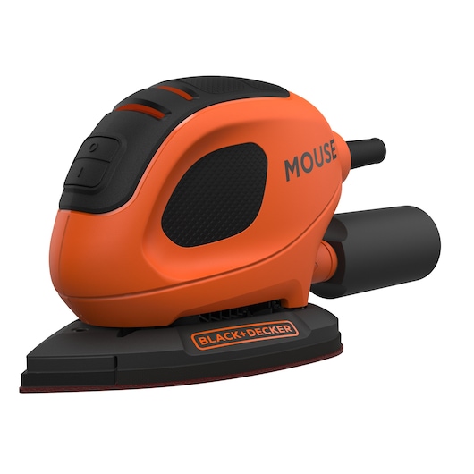 An orange and black BLACK+DECKER mouse sander, featuring the brand name on the base. The sander has a compact and ergonomic design, suitable for detailed sanding jobs.