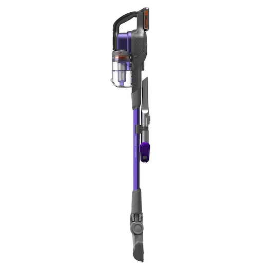 A BLACK+DECKER cordless stick vacuum cleaner in purple and grey, shown upright with attached nozzle and brush accessories.