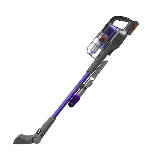 A BLACK+DECKER cordless stick vacuum cleaner with a purple and grey design, featuring a transparent dust canister and multiple attachments.