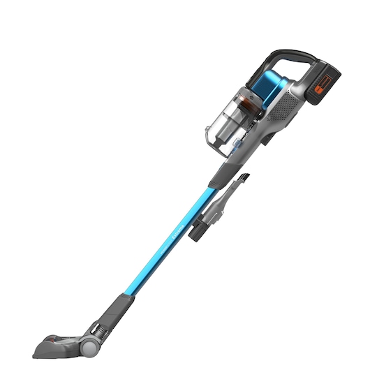 A cordless stick vacuum cleaner with a blue and grey design, featuring a transparent dust container and various attachments.