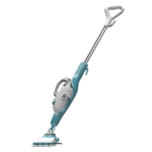 A steam mop with a white and teal design, featuring a long handle and a rectangular cleaning head, shown on a white background.