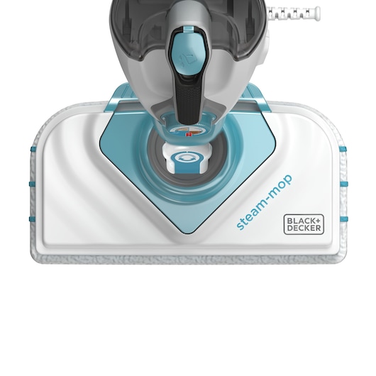 Close-up view of a BLACK+DECKER steam mop head with a white and light blue design. The BLACK+DECKER logo and the words 'steam-mop' are visible on the front.