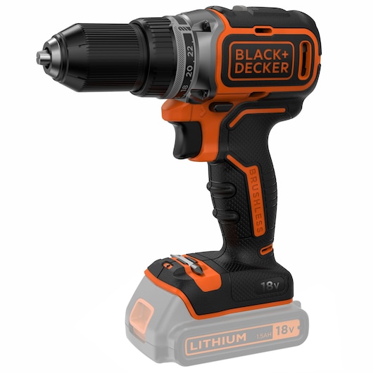 A BLACK+DECKER 18V brushless cordless drill with orange and black design, shown without the battery attached. The drill has a textured grip for secure handling and features a lithium battery slot at the base.