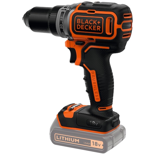 A BLACK+DECKER cordless power drill with an 18V lithium battery and brushless motor, featuring a black and orange design.