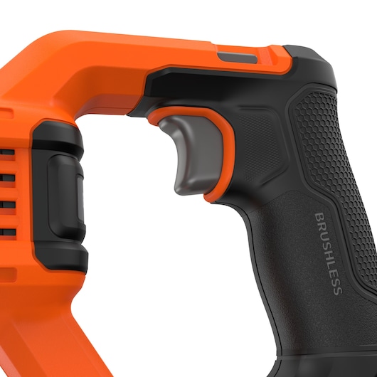 BLACKDECKER BLCR78N power tool handle close-up, showing textured black grip and orange trigger.
