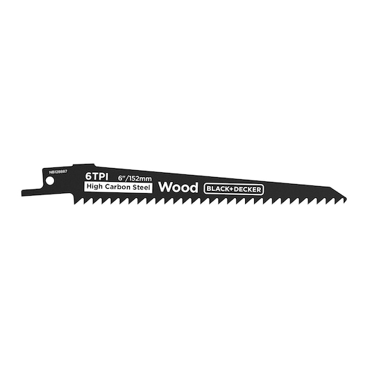 BLACK+DECKER BLCR78N black high carbon steel wood saw blade, 6 inch, 6 TPI, side view on white background.