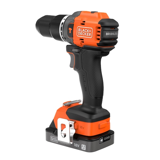 A BLACK+DECKER brushless cordless drill with an orange and black body, 18V lithium battery, and ergonomic handle. The model is BLD783E1K.