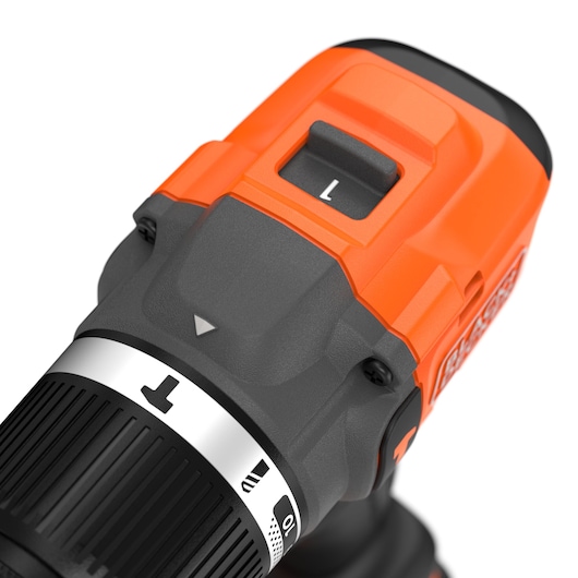 BLACK+DECKER BLD783E1K cordless drill close-up, showing black and orange body and control details, front angle.