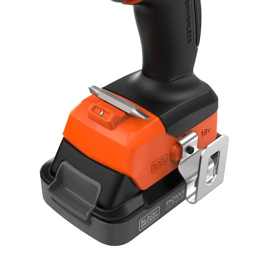 BLACK+DECKER BLD783E1K cordless drill base with 18V battery, orange and black, side angle on white background.