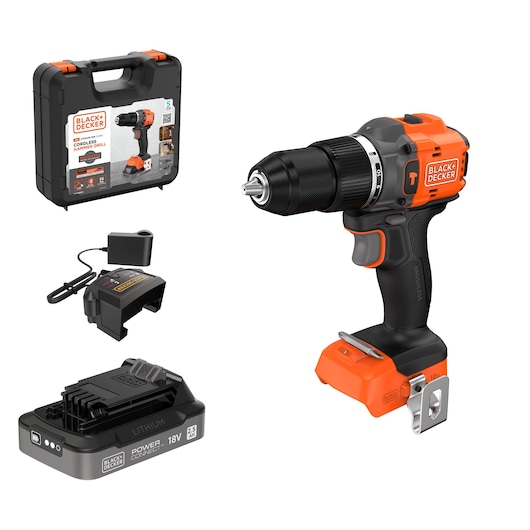 BLACK+DECKER BLD783E1K cordless hammer drill set with 18V battery, charger, and carrying case, front angle.
