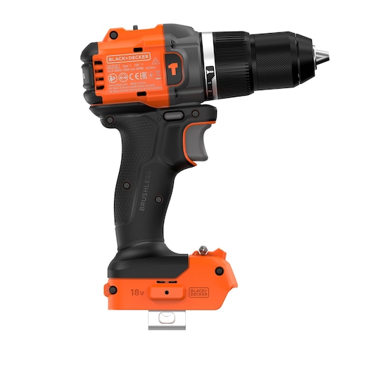 A BLACK+DECKER cordless drill with an orange and black design, featuring a brushless handle and an 18V battery, photographed against a white background.
