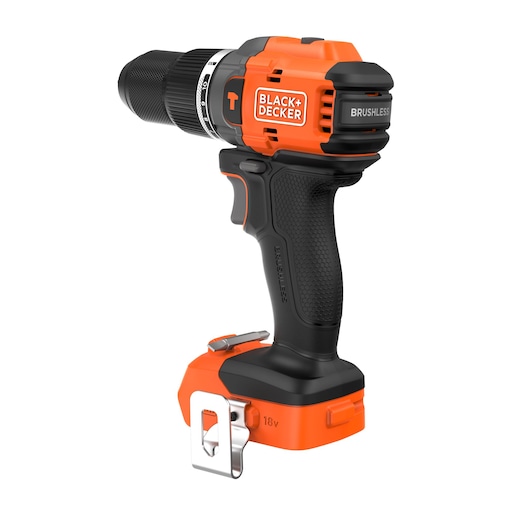 A BLACK+DECKER cordless power drill with an orange and black design, brushless motor, and 18V battery. The drill features a metal belt clip and ergonomic handle.