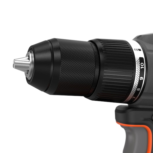 BLACKDECKER cordless drill close-up, SKU BLD783N, black textured chuck and torque settings, side angle on white.
