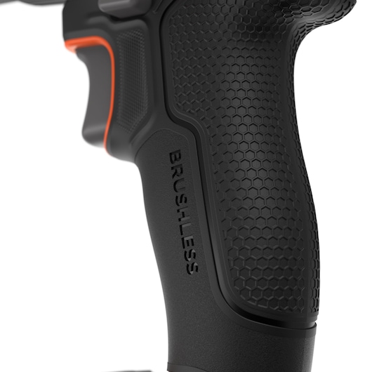 BLACK+DECKER BLD783N power tool handle with black hexagon texture and visible brushless label, close-up angle.