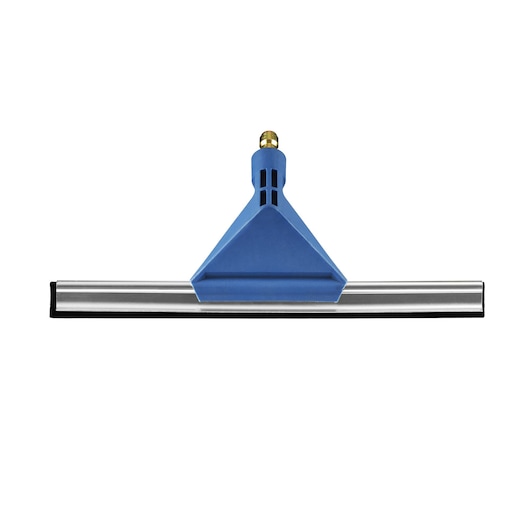 A window squeegee with a blue plastic handle and a silver metal blade, shown against a white background.