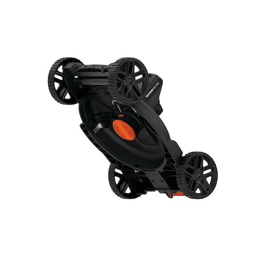 BLACKDECKER CM100 lawn mower side angle, black with orange center, four wheels, white background.