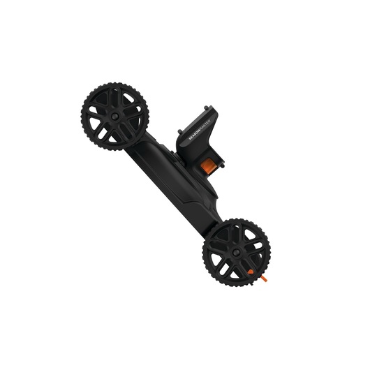 BLACKDECKER CM100 lawn mower accessory, black with two large wheels, top angle on white background.