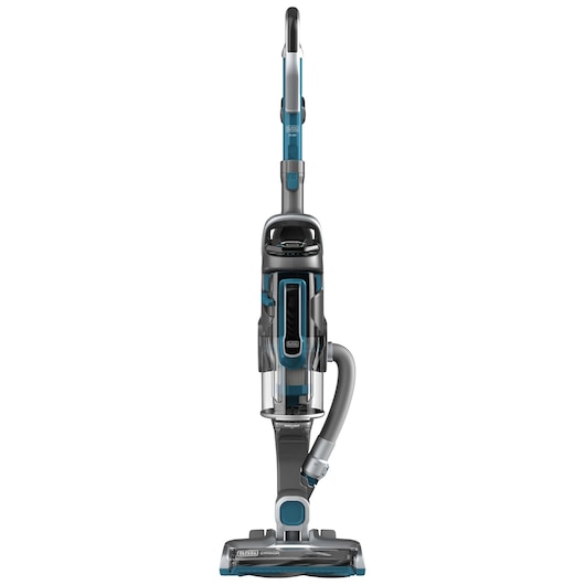 Front view of a BLACK+DECKER upright vacuum cleaner, model CUA625BH, with a grey and blue color scheme. The vacuum features a transparent dust container and an attached hose.