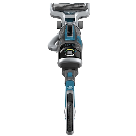 Front view of a BLACK+DECKER upright vacuum cleaner featuring a clear dust container and blue-grey ergonomic handle, model CUA625BH.