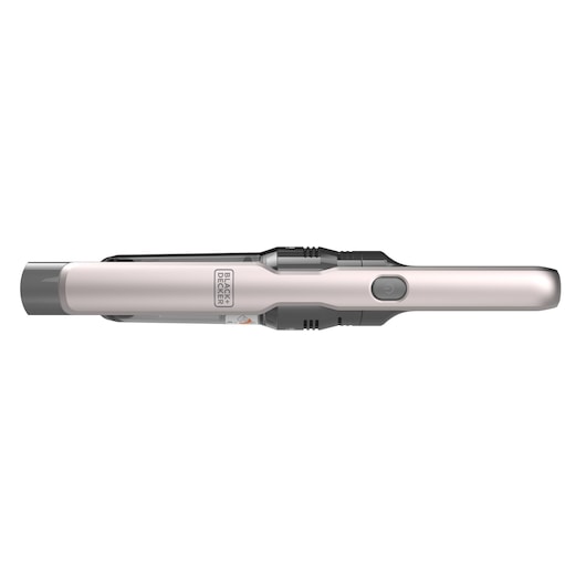 A BLACK+DECKER handheld cordless vacuum cleaner in silver and black color, shown from the side view on a white background.
