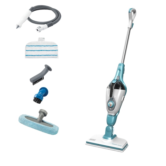 BLACKDECKER FSMH1321 steam mop with blue and white body, accessories including hose, brush, pads, white background