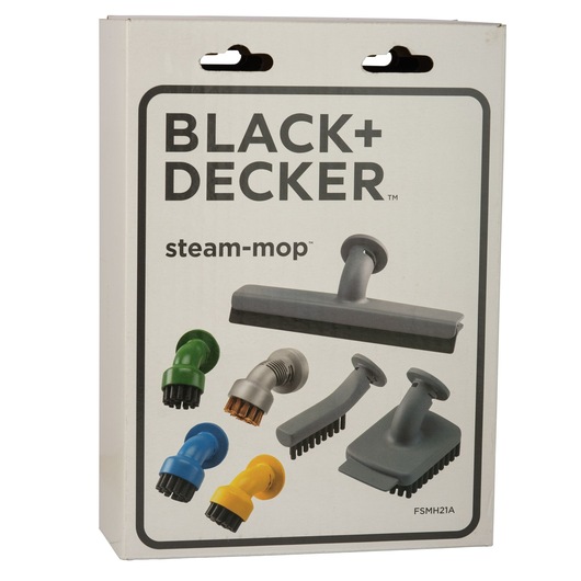Photo of BLACK+DECKER steam-mop accessory kit FSMH21A packaging, showing various cleaning brush attachments on white background.
