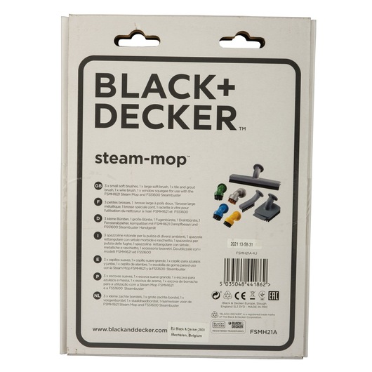 BLACK+DECKER FSMH21A steam-mop accessory kit retail box back, shows attachments and usage information, photography, rear angle.
