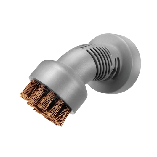 Close-up of a grey and copper brush attachment for a cleaning tool, featuring stiff bristles and a curved plastic body.
