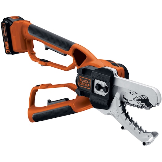 A BLACK+DECKER 18V lithium-powered gardening tool with dual ergonomic handles and a jaw-like cutting mechanism, designed for pruning branches and cutting wood.