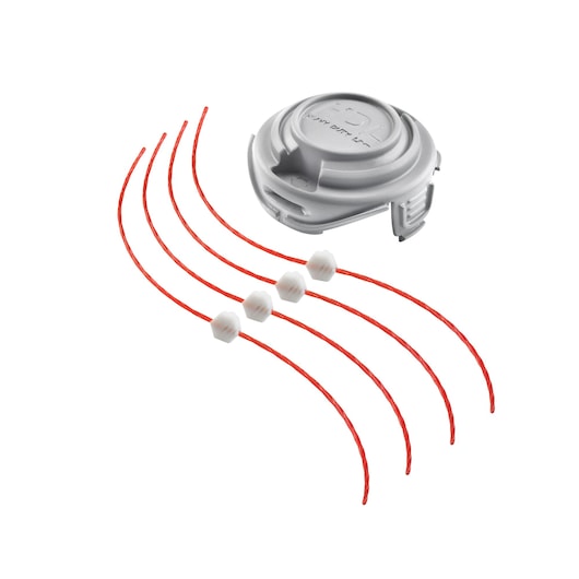 A set of replacement parts for a BLACK+DECKER garden trimmer, including a grey spool head and four pieces of red trimmer line with white connectors, displayed on a white background.
