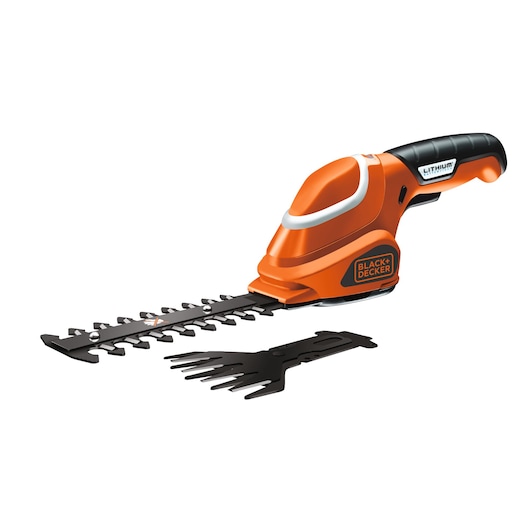 BLACKDECKER GSL700 orange cordless grass shear and shrub trimmer set, angled on white background.