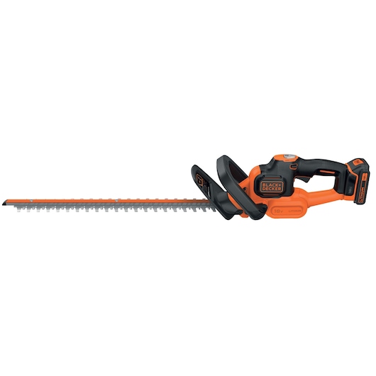 A BLACK+DECKER cordless hedge trimmer with an orange and black design and an 18V lithium battery. The trimmer features a long blade and ergonomic handle.
