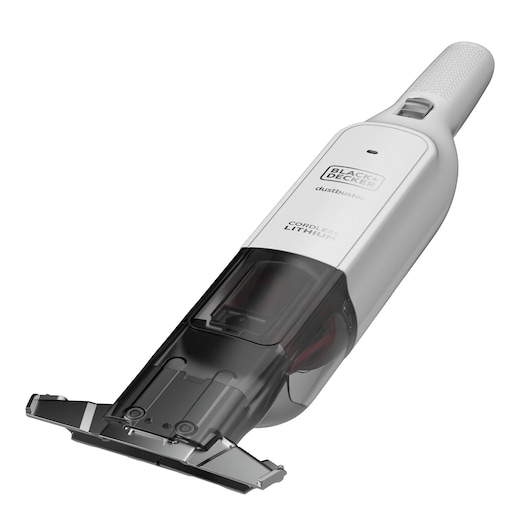 A BLACK+DECKER cordless handheld vacuum cleaner, featuring a white and black body with a transparent dust container and an accessory attachment at the front, shown against a white background.