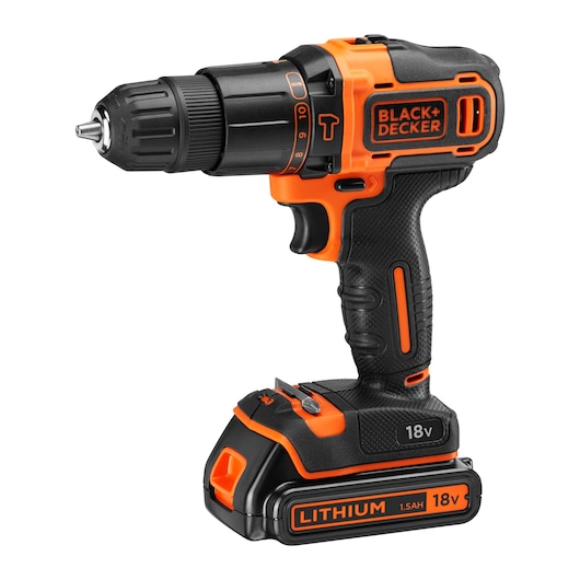 A BLACK+DECKER cordless drill with an ergonomic black and orange design, featuring an 18V lithium-ion battery and adjustable torque settings.