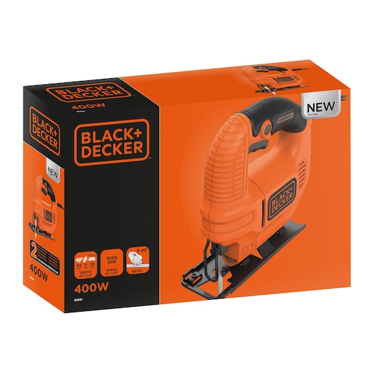 BLACK+DECKER KS501 orange jigsaw packaging with product photo, specs and branding, angled view.