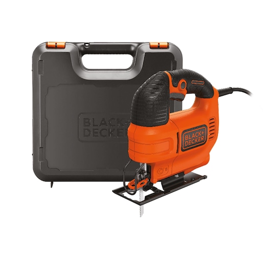 An orange and black BLACK+DECKER jigsaw power tool with a black carrying case, shown against a white background.