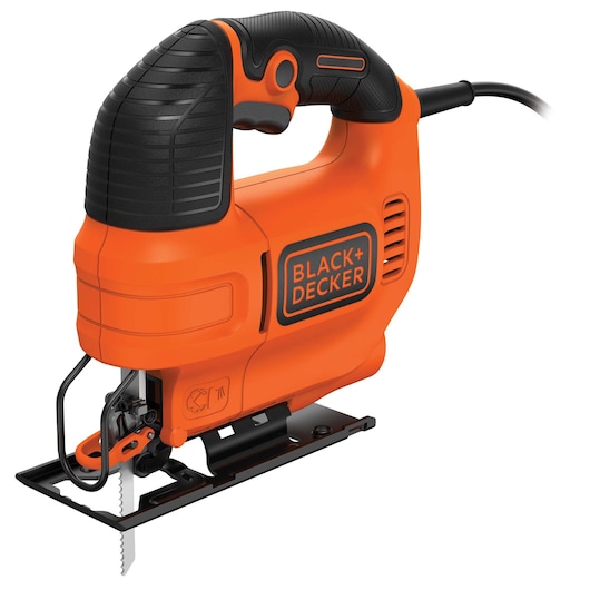 A BLACK+DECKER electric jigsaw with an orange and black design, showing a comfortable handle and a metal base plate, with a visible cutting blade at the bottom.